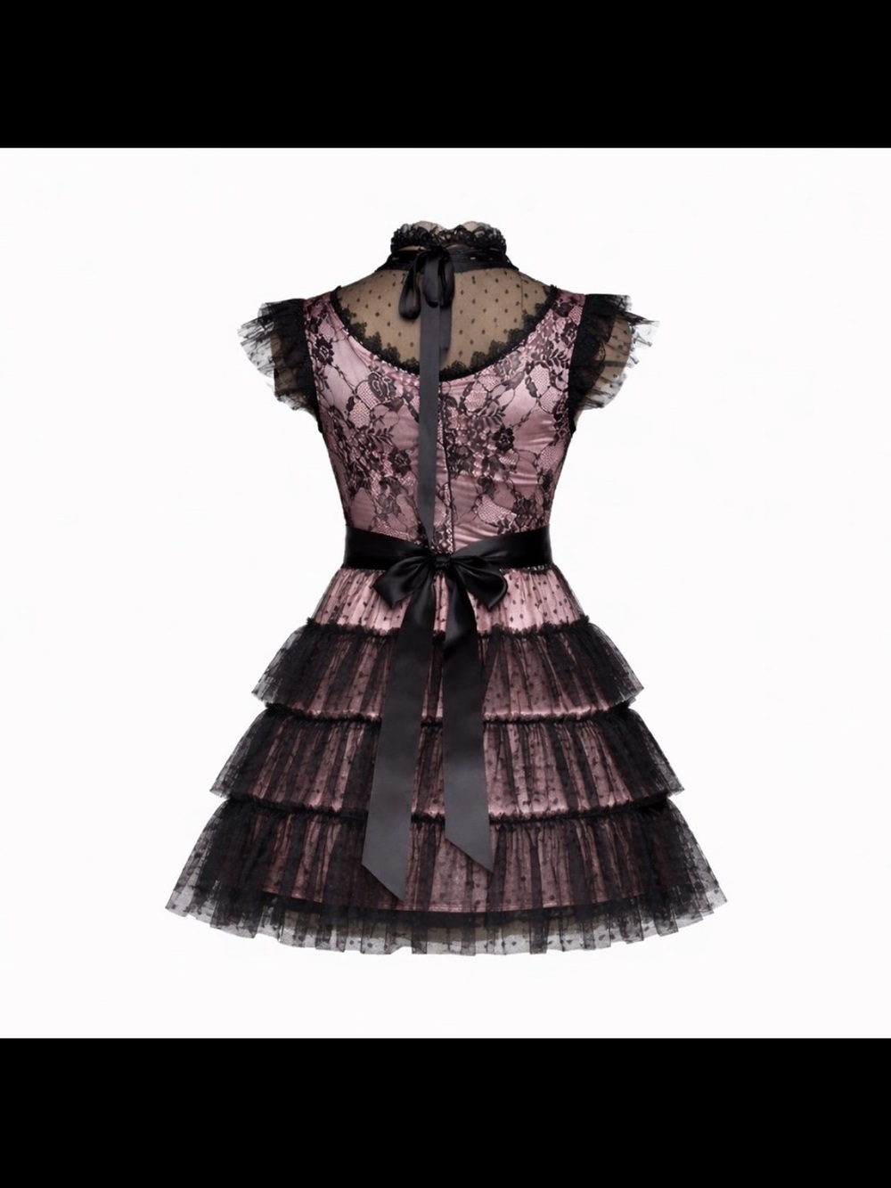 ISO Lace Tiered Pink & Black Party Dress with Satin Bow - Picture 5 of 6